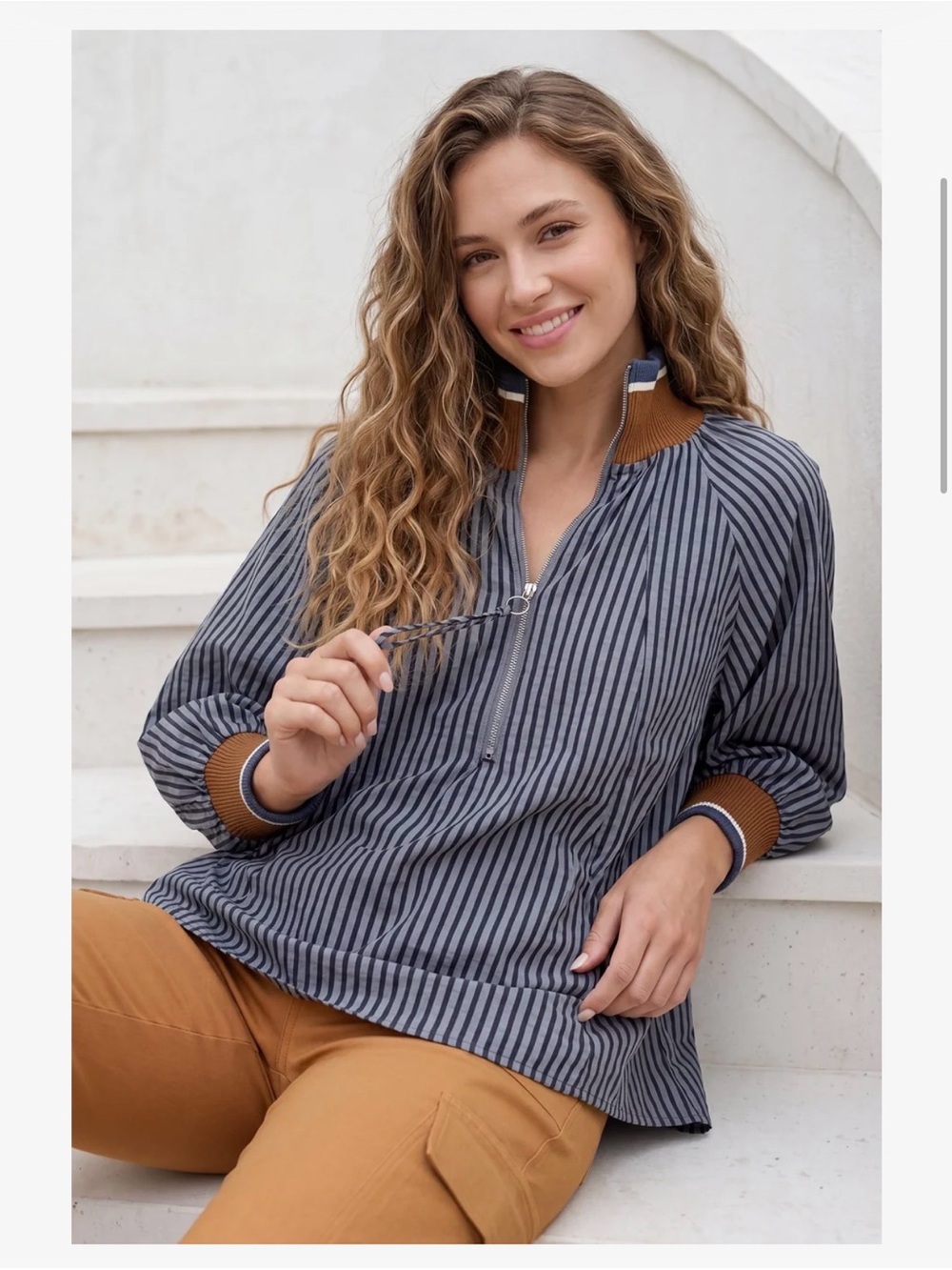 Blue Striped Half-Zip Shirt with Brown Trim - Picture 3 of 10